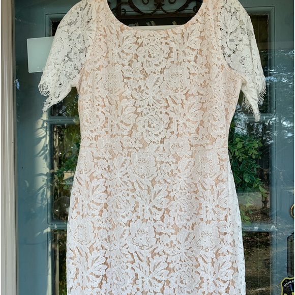 NWOT Just Me size Large White Lace Nude Lining Mermaid Midi Dress Short Sleeves - Picture 7 of 11